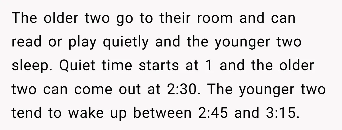 The older two go to their room and can read or play quietly and the younger two sleep. Quiet time starts at 1 and the older two can come out...