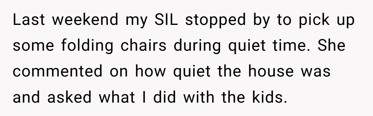 Last weekend my SIL stopped by to pick up some folding chairs during quiet time. She commented on how quiet the house was and asked what I did with the...