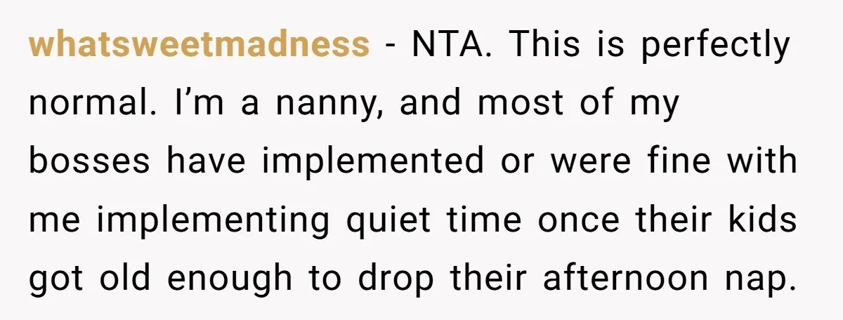 whatsweetmadness − NTA. This is perfectly normal. I’m a nanny, and most of my bosses have implemented or were fine with me implementing quiet time once their kids got old...