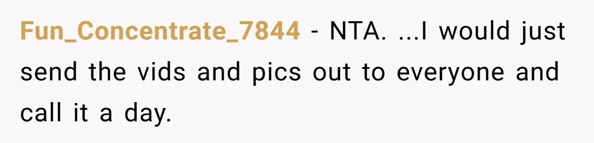 Fun_Concentrate_7844 − NTA. ...I would just send the vids and pics out to everyone and call it a day.
