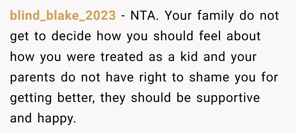 blind_blake_2023 − NTA. Your family do not get to decide how you should feel about how you were treated as a kid and your parents do not have right to...