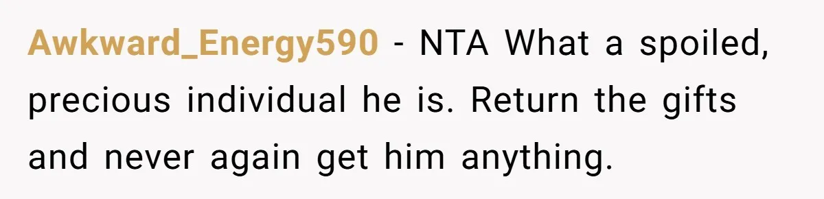 Awkward_Energy590 − NTA What a spoiled, precious individual he is. Return the gifts and never again get him anything.
