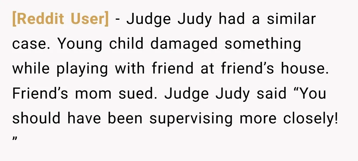 [Reddit User] − Judge Judy had a similar case. Young child damaged something while playing with friend at friend’s house. Friend’s mom sued. Judge Judy said “You should have been...