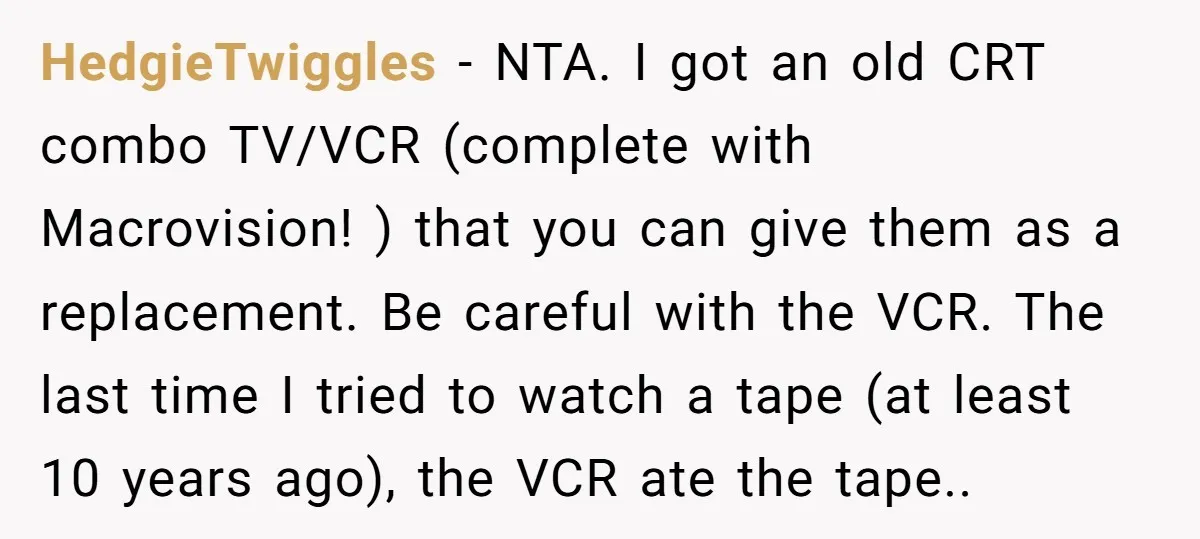 HedgieTwiggles − NTA. I got an old CRT combo TV/VCR (complete with Macrovision! ) that you can give them as a replacement. Be careful with the VCR. The last time...