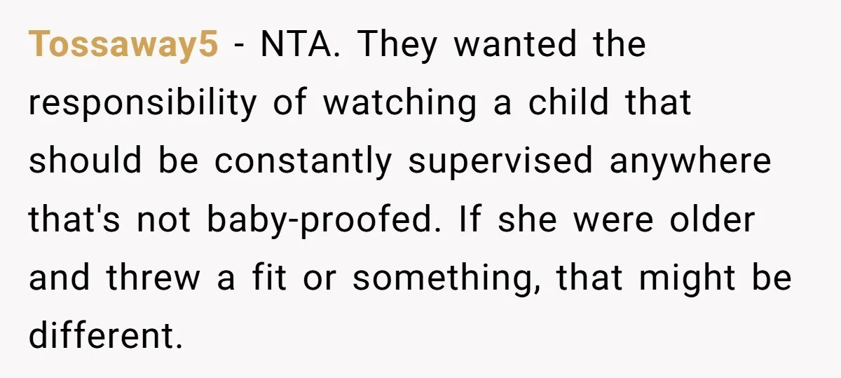 Tossaway5 − NTA. They wanted the responsibility of watching a child that should be constantly supervised anywhere that's not baby-proofed. If she were older and threw a fit or something,...