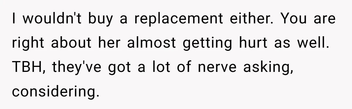 I wouldn't buy a replacement either. You are right about her almost getting hurt as well. TBH, they've got a lot of nerve asking, considering.