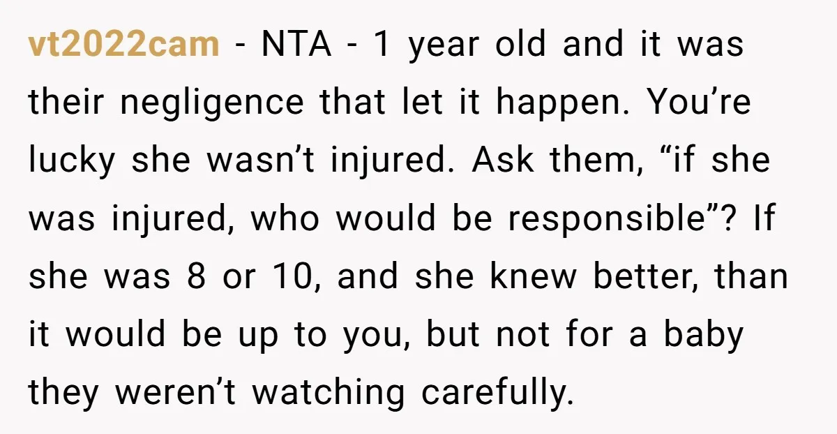 vt2022cam − NTA - 1 year old and it was their negligence that let it happen. You’re lucky she wasn’t injured. Ask them, “if she was injured, who would be...