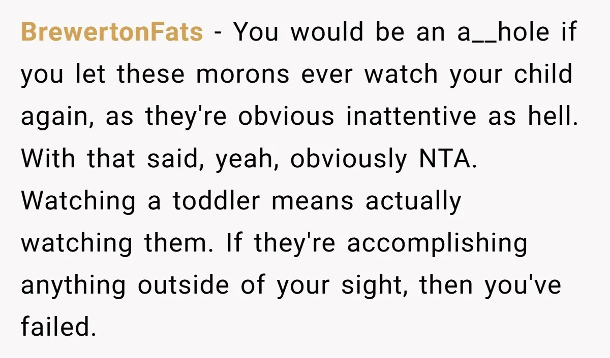 BrewertonFats − You would be an a__hole if you let these morons ever watch your child again, as they're obvious inattentive as hell. With that said, yeah, obviously NTA. Watching...