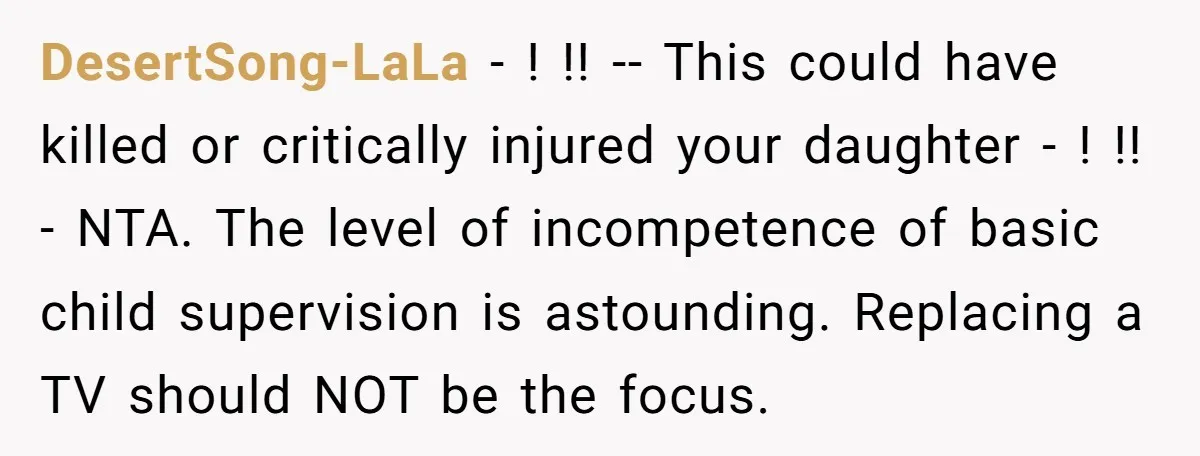 DesertSong-LaLa − ! !! -- This could have killed or critically injured your daughter - ! !! - NTA. The level of incompetence of basic child supervision is astounding. Replacing...