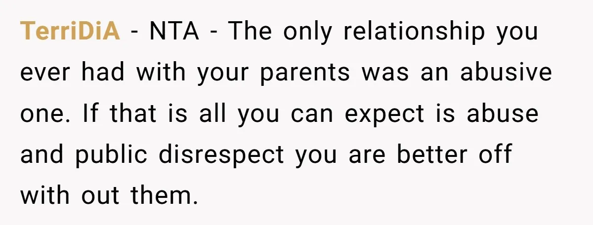 TerriDiA − NTA - The only relationship you ever had with your parents was an abusive one. If that is all you can expect is abuse and public disrespect you...