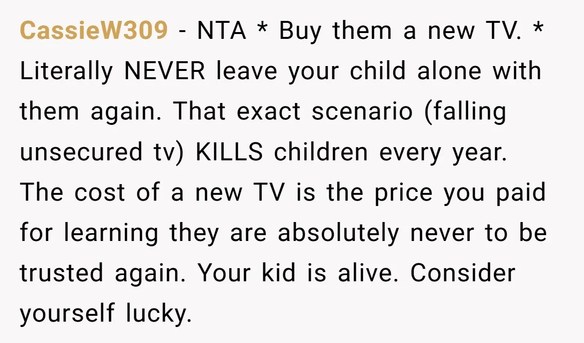 CassieW309 − NTA * Buy them a new TV. * Literally NEVER leave your child alone with them again. That exact scenario (falling unsecured tv) KILLS children every year. The...