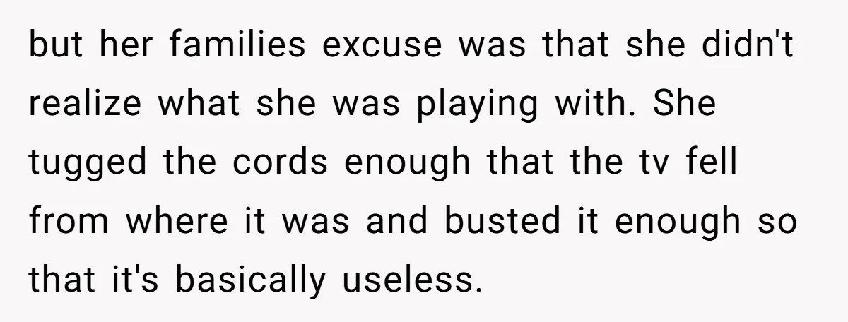but her families excuse was that she didn't realize what she was playing with. She tugged the cords enough that the tv fell from where it was and busted it...