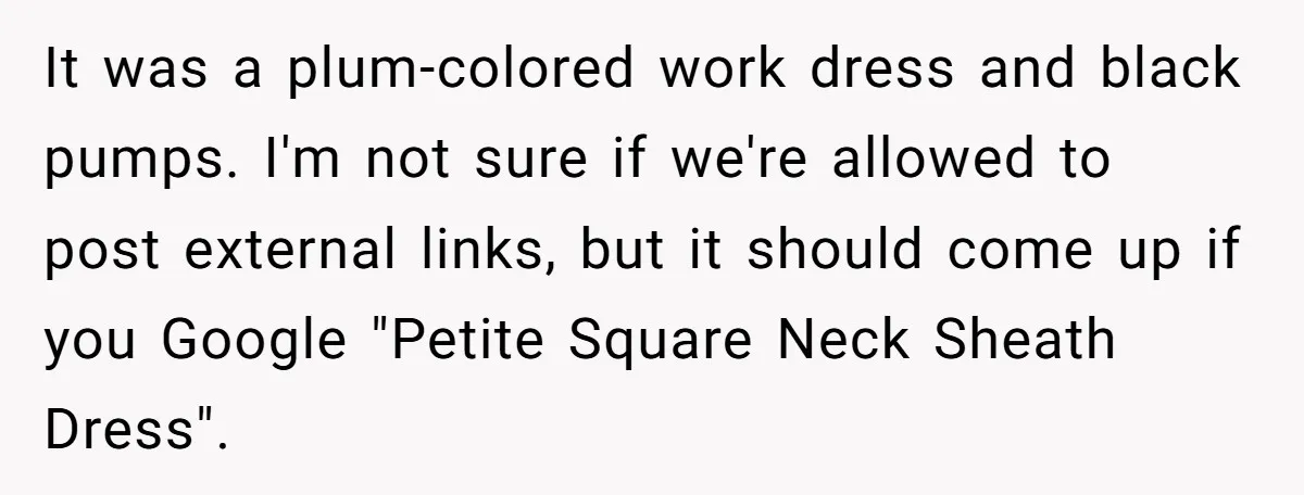It was a plum-colored work dress and black pumps. I'm not sure if we're allowed to post external links, but it should come up if you Google "Petite Square Neck...