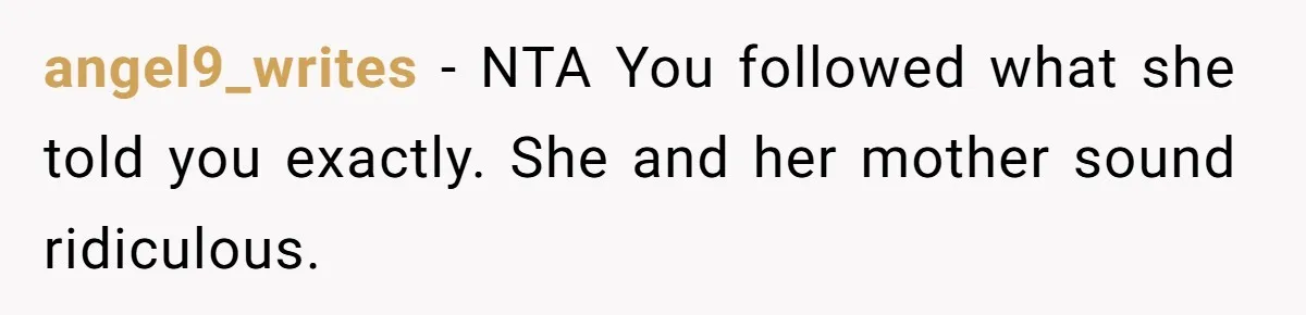 angel9_writes − NTA You followed what she told you exactly. She and her mother sound ridiculous.