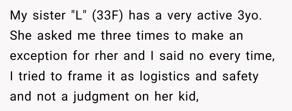 My sister "L" (33F) has a very active 3yo. She asked me three times to make an exception for rher and I said no every time, I tried to frame...