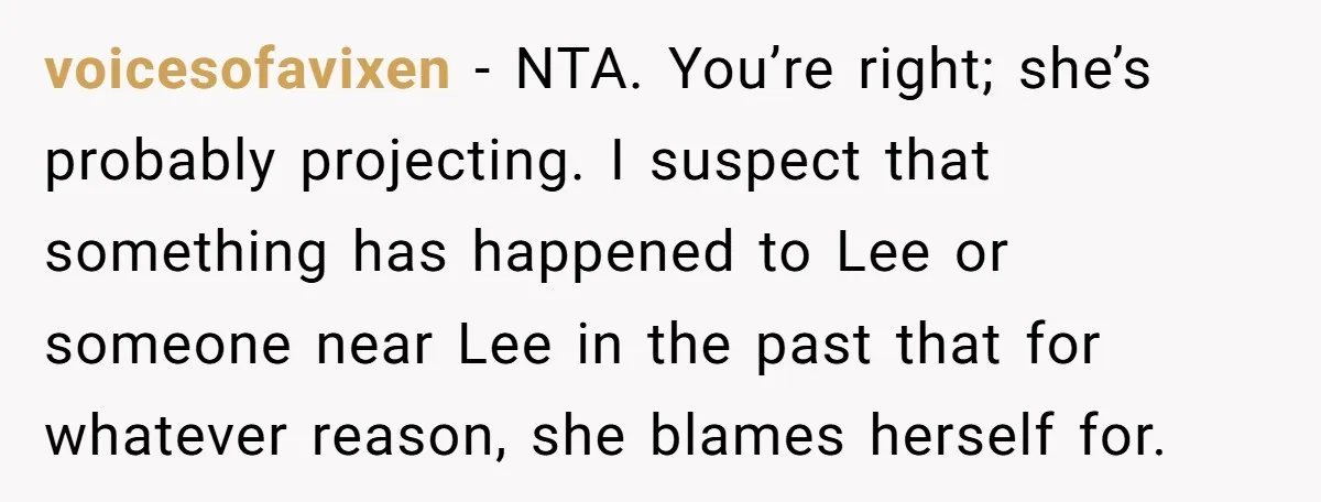 voicesofavixen − NTA. You’re right; she’s probably projecting. I suspect that something has happened to Lee or someone near Lee in the past that for whatever reason, she blames herself...