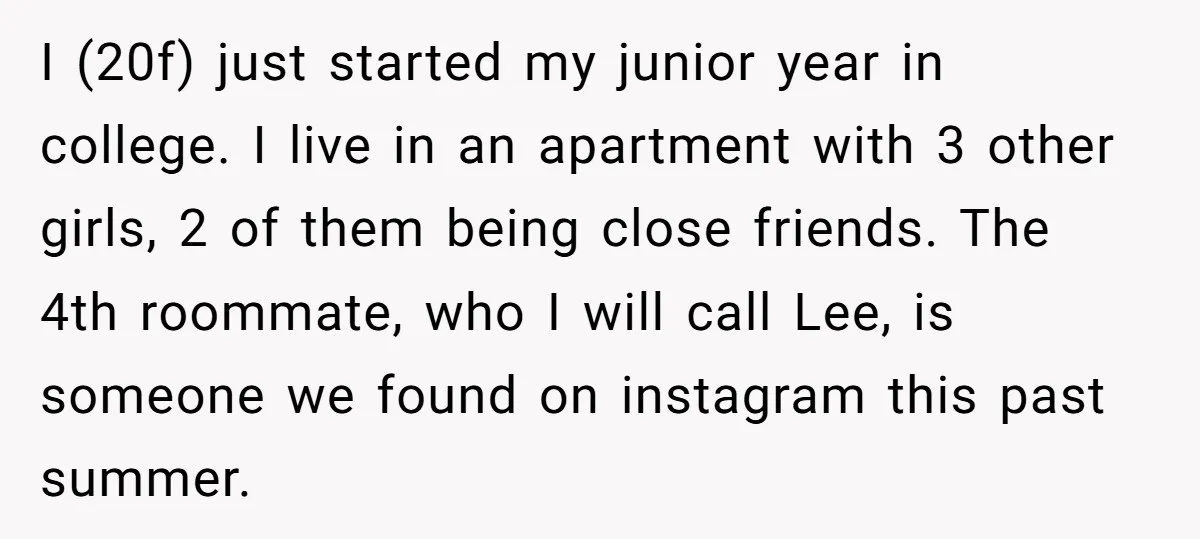 I (20f) just started my junior year in college. I live in an apartment with 3 other girls, 2 of them being close friends. The 4th roommate, who I will...