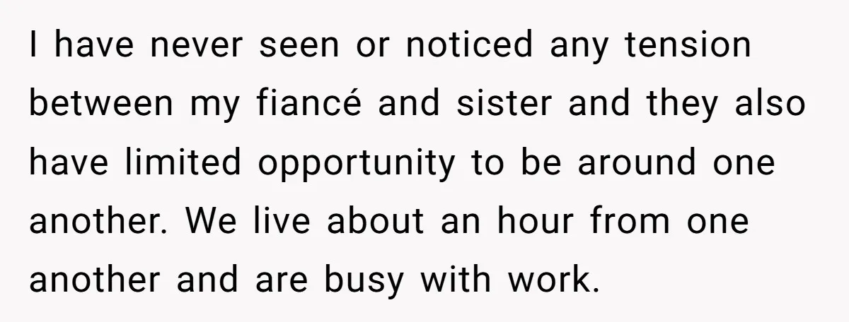 I have never seen or noticed any tension between my fiancé and sister and they also have limited opportunity to be around one another. We live about an hour from...
