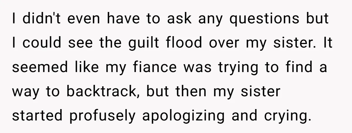 I didn't even have to ask any questions but I could see the guilt flood over my sister. It seemed like my fiance was trying to find a way to...