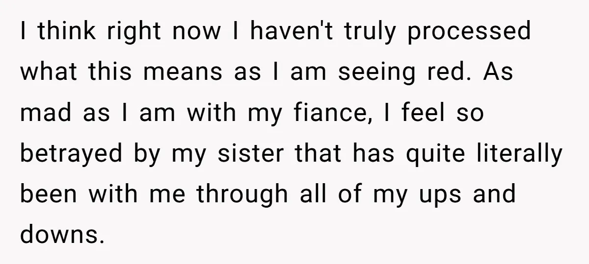 I think right now I haven't truly processed what this means as I am seeing red. As mad as I am with my fiance, I feel so betrayed by my...