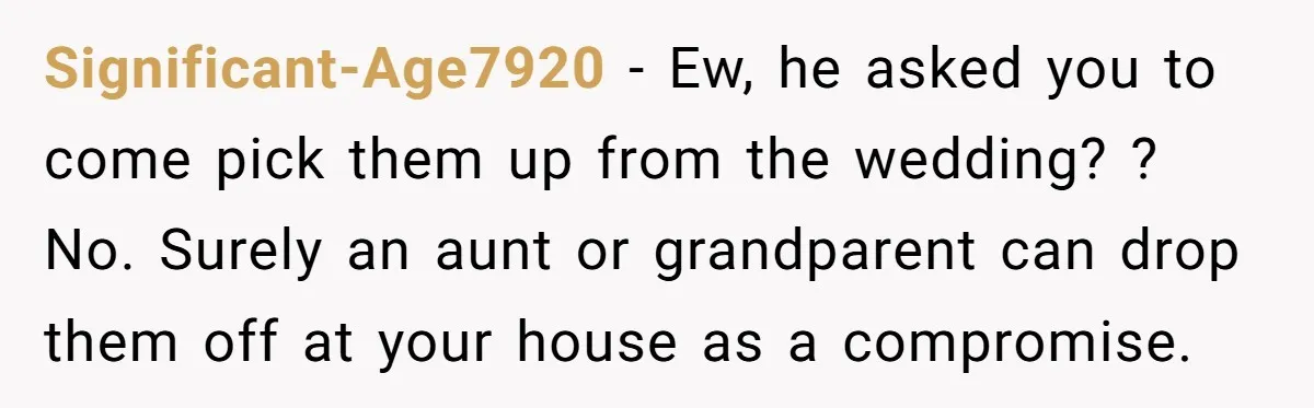 Significant-Age7920 − Ew, he asked you to come pick them up from the wedding? ? No. Surely an aunt or grandparent can drop them off at your house as a...