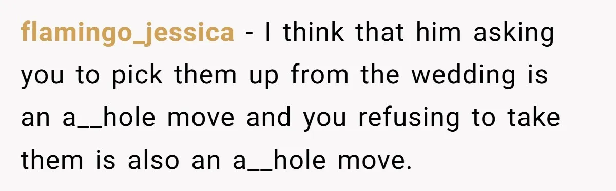 flamingo_jessica − I think that him asking you to pick them up from the wedding is an a__hole move and you refusing to take them is also an a__hole move.