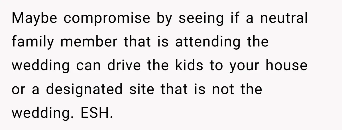 Maybe compromise by seeing if a neutral family member that is attending the wedding can drive the kids to your house or a designated site that is not the wedding....