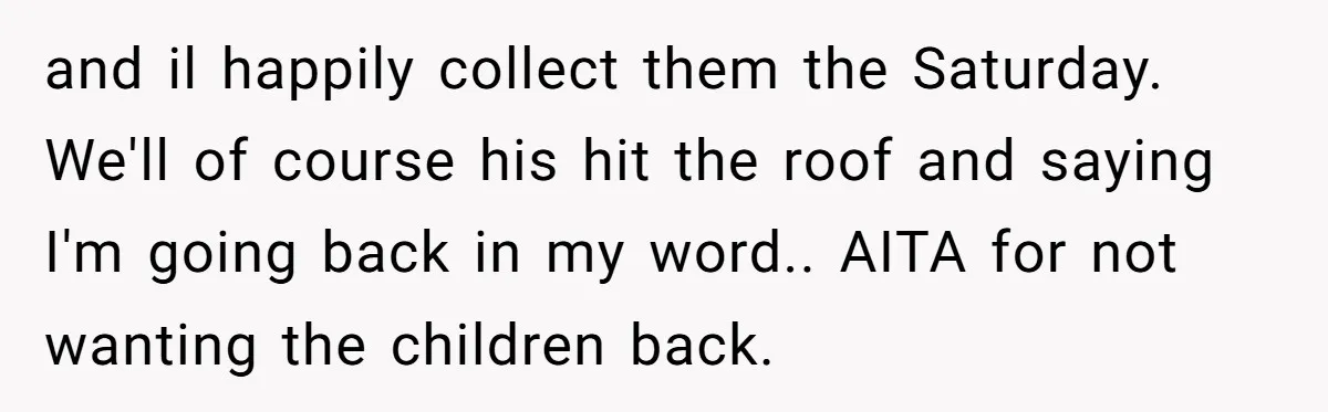 and il happily collect them the Saturday. We'll of course his hit the roof and saying I'm going back in my word.. AITA for not wanting the children back.
