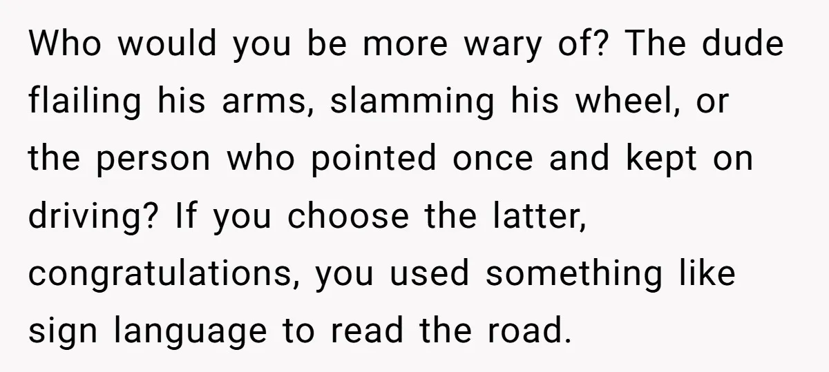 Who would you be more wary of? The dude flailing his arms, slamming his wheel, or the person who pointed once and kept on driving? If you choose the latter,...