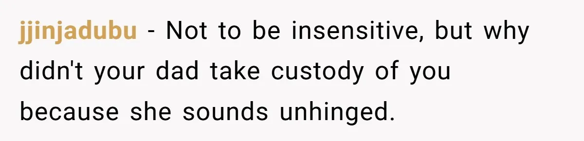 jjinjadubu − Not to be insensitive, but why didn't your dad take custody of you because she sounds unhinged.