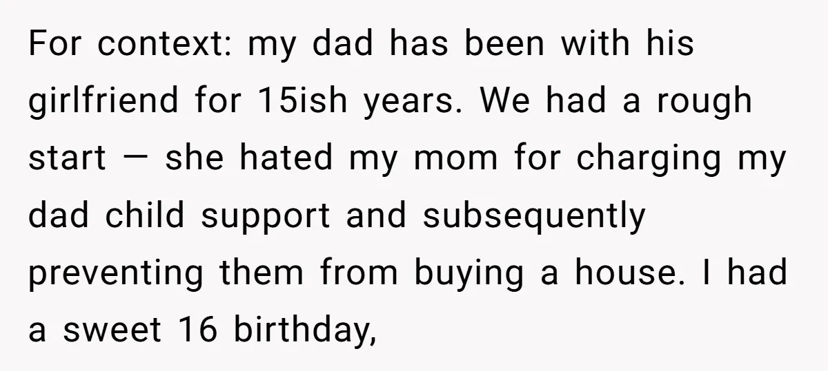 For context: my dad has been with his girlfriend for 15ish years. We had a rough start — she hated my mom for charging my dad child support and subsequently...