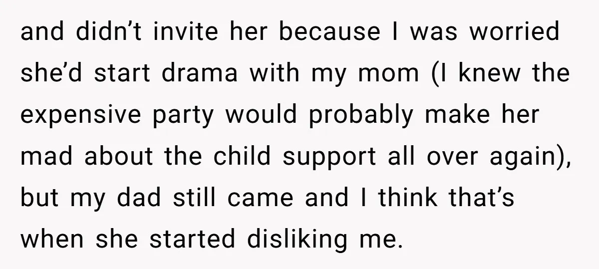 and didn’t invite her because I was worried she’d start drama with my mom (I knew the expensive party would probably make her mad about the child support all over...