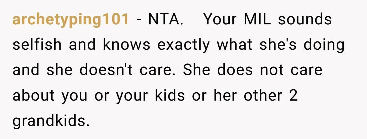 archetyping101 − NTA. Your MIL sounds selfish and knows exactly what she's doing and she doesn't care. She does not care about you or your kids or her other 2...