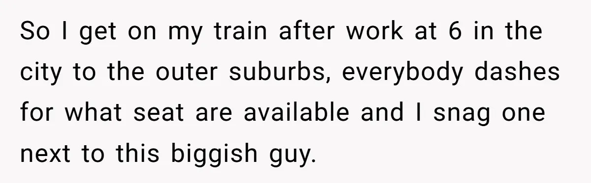 So I get on my train after work at 6 in the city to the outer suburbs, everybody dashes for what seat are available and I snag one next to...