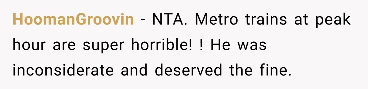HoomanGroovin − NTA. Metro trains at peak hour are super horrible! ! He was inconsiderate and deserved the fine.