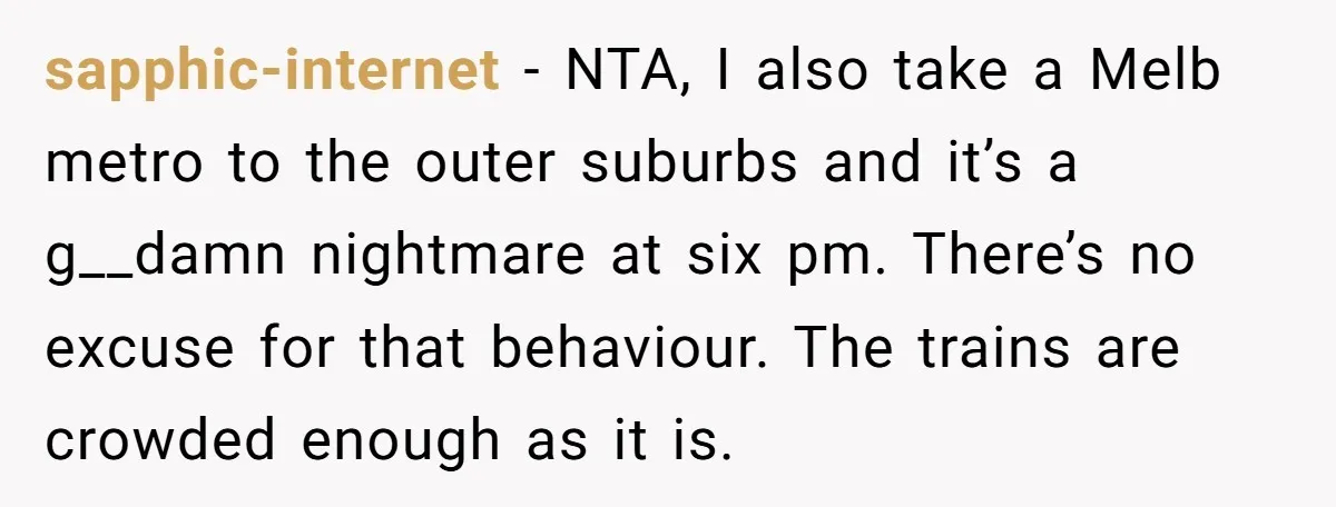 sapphic-internet − NTA, I also take a Melb metro to the outer suburbs and it’s a g__damn nightmare at six pm. There’s no excuse for that behaviour. The trains are...