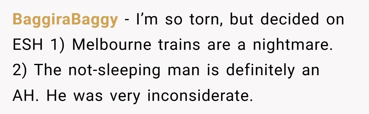 BaggiraBaggy − I’m so torn, but decided on ESH 1) Melbourne trains are a nightmare. 2) The not-sleeping man is definitely an AH. He was very inconsiderate.