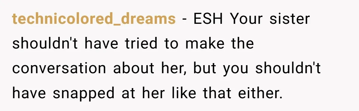 technicolored_dreams − ESH Your sister shouldn't have tried to make the conversation about her, but you shouldn't have snapped at her like that either.