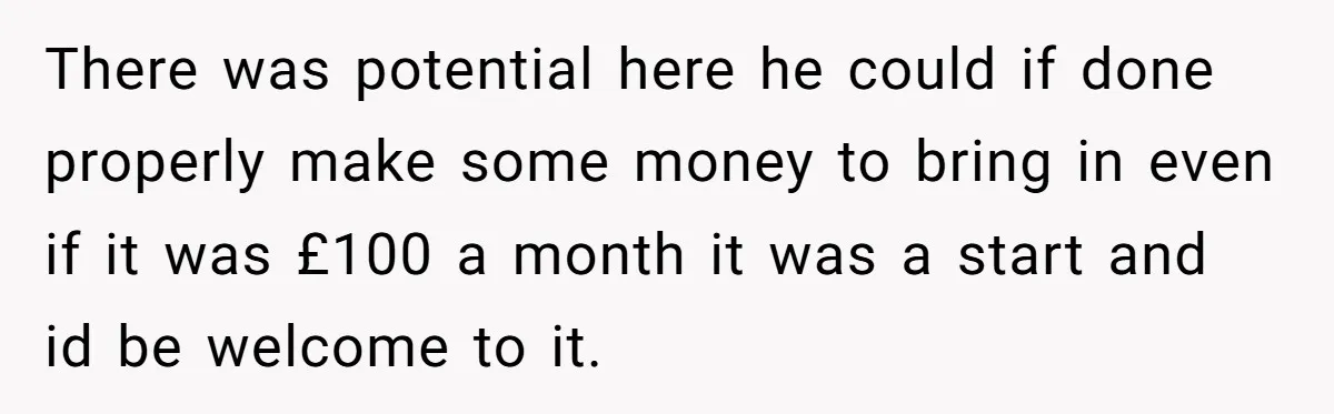 There was potential here he could if done properly make some money to bring in even if it was £100 a month it was a start and id be welcome...