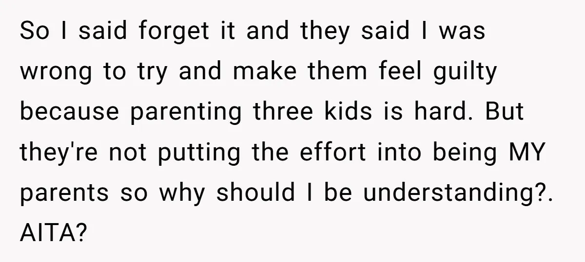 So I said forget it and they said I was wrong to try and make them feel guilty because parenting three kids is hard. But they're not putting the effort...