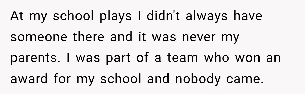 At my school plays I didn't always have someone there and it was never my parents. I was part of a team who won an award for my school and...