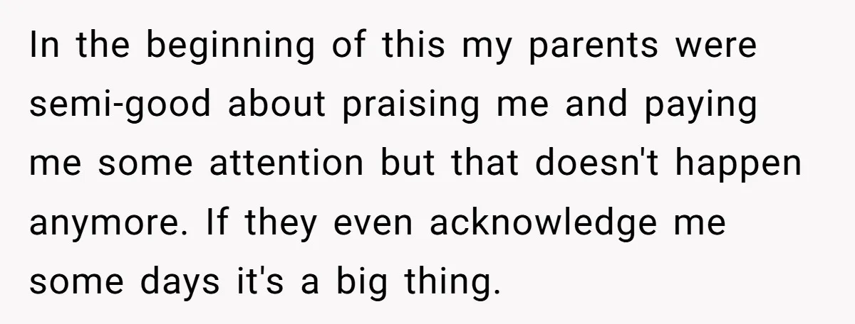In the beginning of this my parents were semi-good about praising me and paying me some attention but that doesn't happen anymore. If they even acknowledge me some days it's...