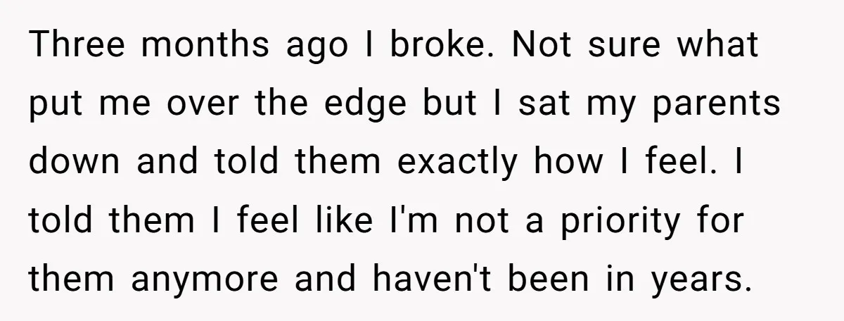 Three months ago I broke. Not sure what put me over the edge but I sat my parents down and told them exactly how I feel. I told them I...
