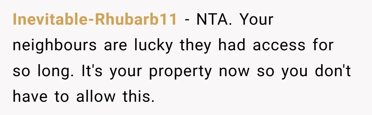 Inevitable-Rhubarb11 − NTA. Your neighbours are lucky they had access for so long. It's your property now so you don't have to allow this.