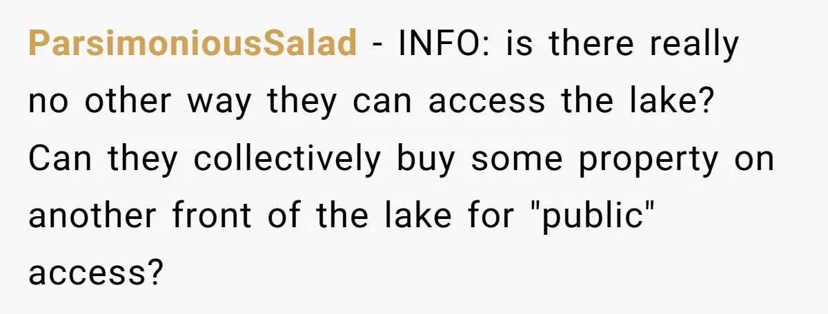 ParsimoniousSalad − INFO: is there really no other way they can access the lake? Can they collectively buy some property on another front of the lake for "public" access?