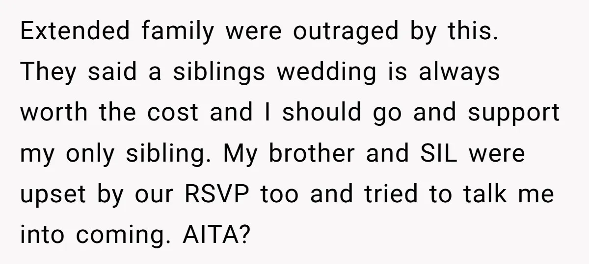 Extended family were outraged by this. They said a siblings wedding is always worth the cost and I should go and support my only sibling. My brother and SIL were...