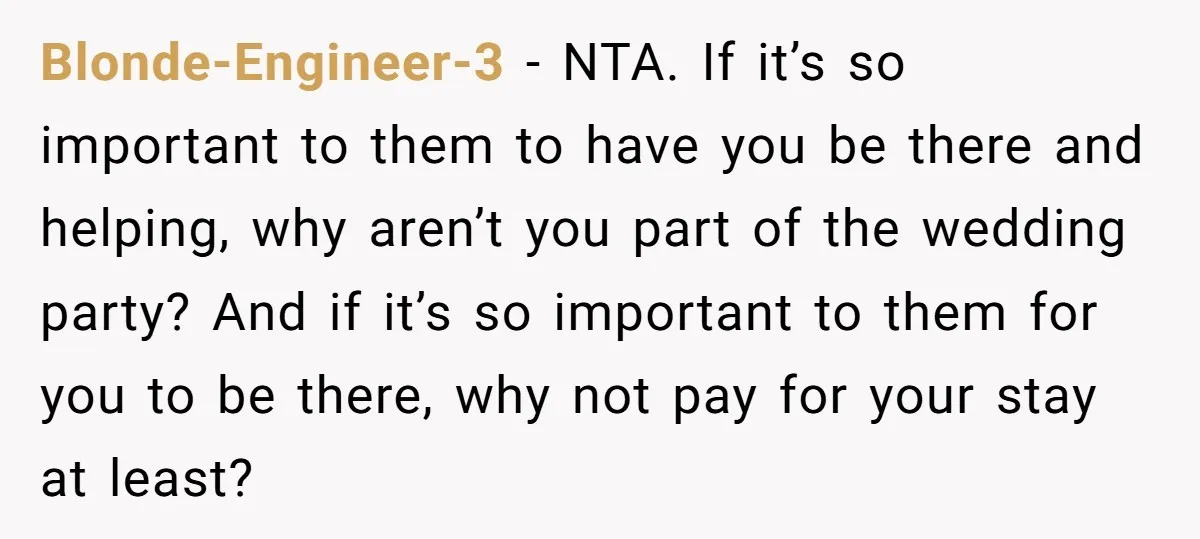 Blonde-Engineer-3 − NTA. If it’s so important to them to have you be there and helping, why aren’t you part of the wedding party? And if it’s so important to...
