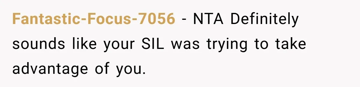 Fantastic-Focus-7056 − NTA Definitely sounds like your SIL was trying to take advantage of you.