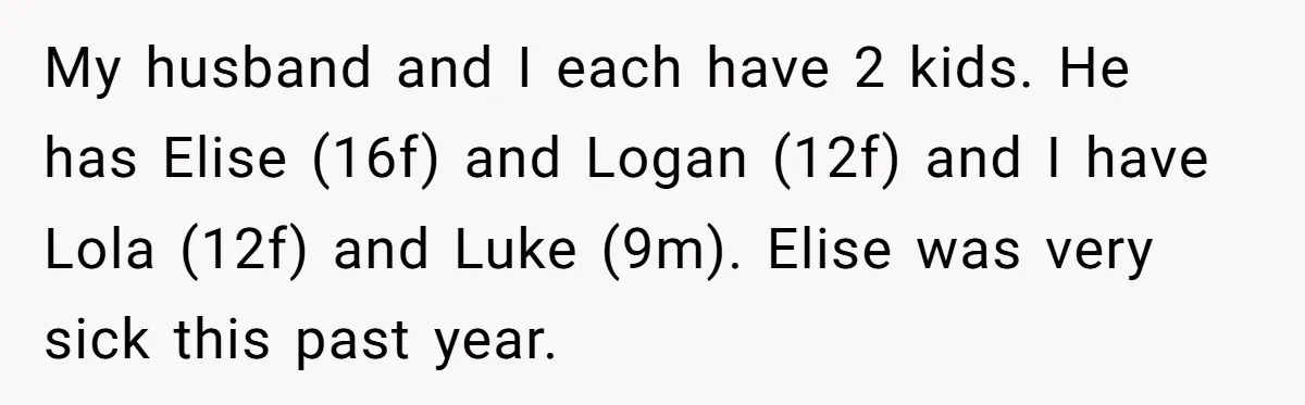 My husband and I each have 2 kids. He has Elise (16f) and Logan (12f) and I have Lola (12f) and Luke (9m). Elise was very sick this past year.