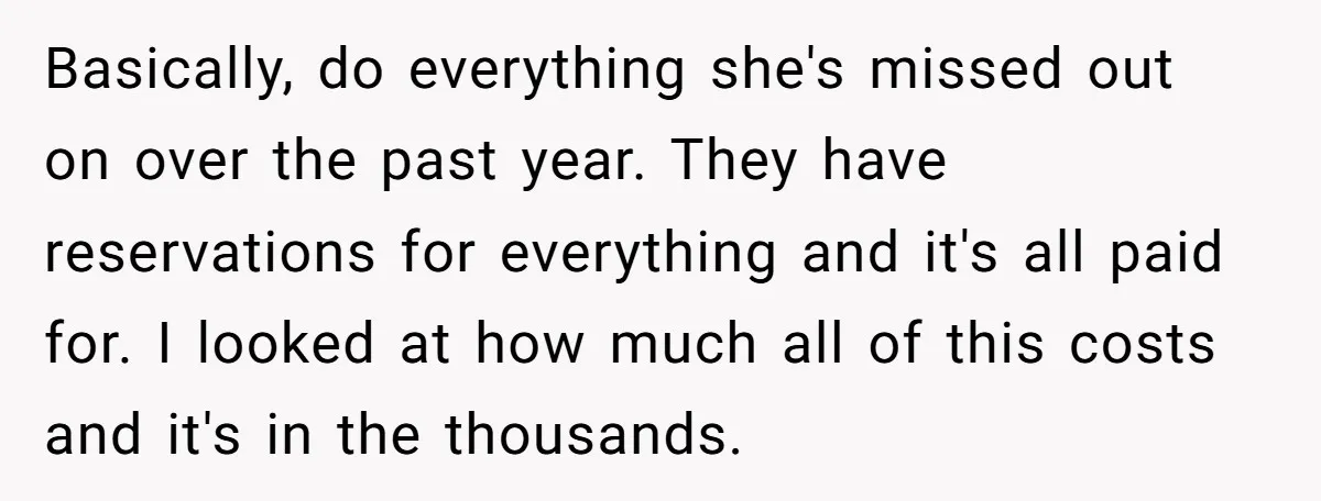 Basically, do everything she's missed out on over the past year. They have reservations for everything and it's all paid for. I looked at how much all of this costs...